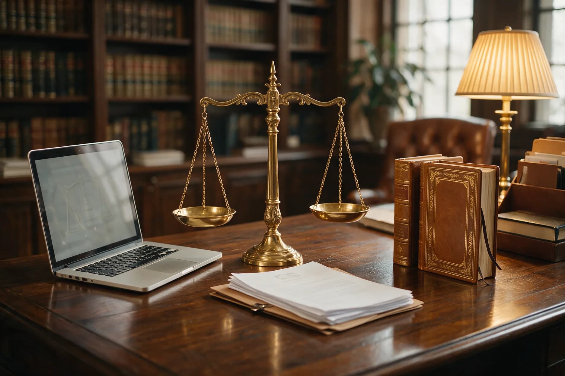 حاسوب محمول بجانب ميزان عدالة نحاسي ومستندات وكتب قانونية على مكتب